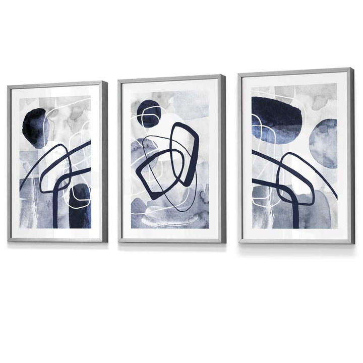 Abstract navy blue shapes set of 3 framed wall art prints | Bowlift
