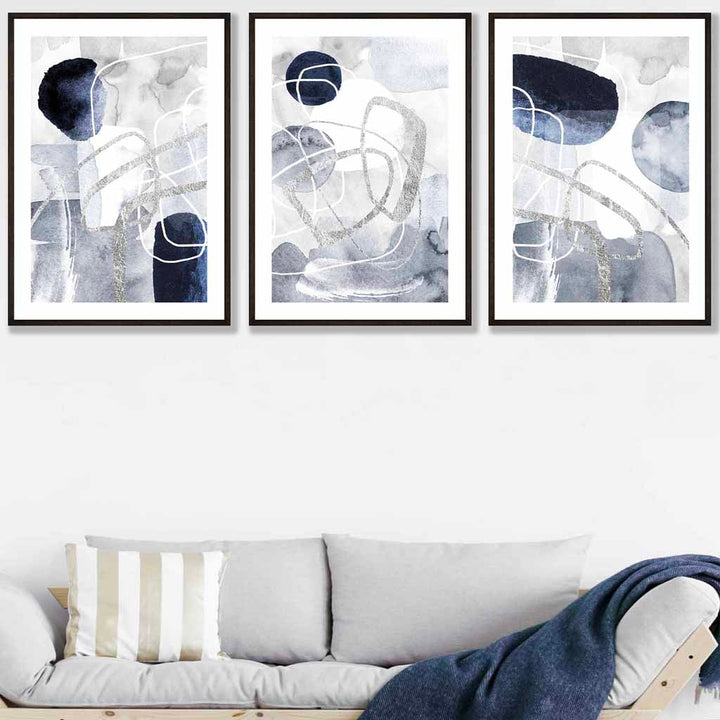 Abstract blue and silver shapes set of 3 wall art prints | Bowlift