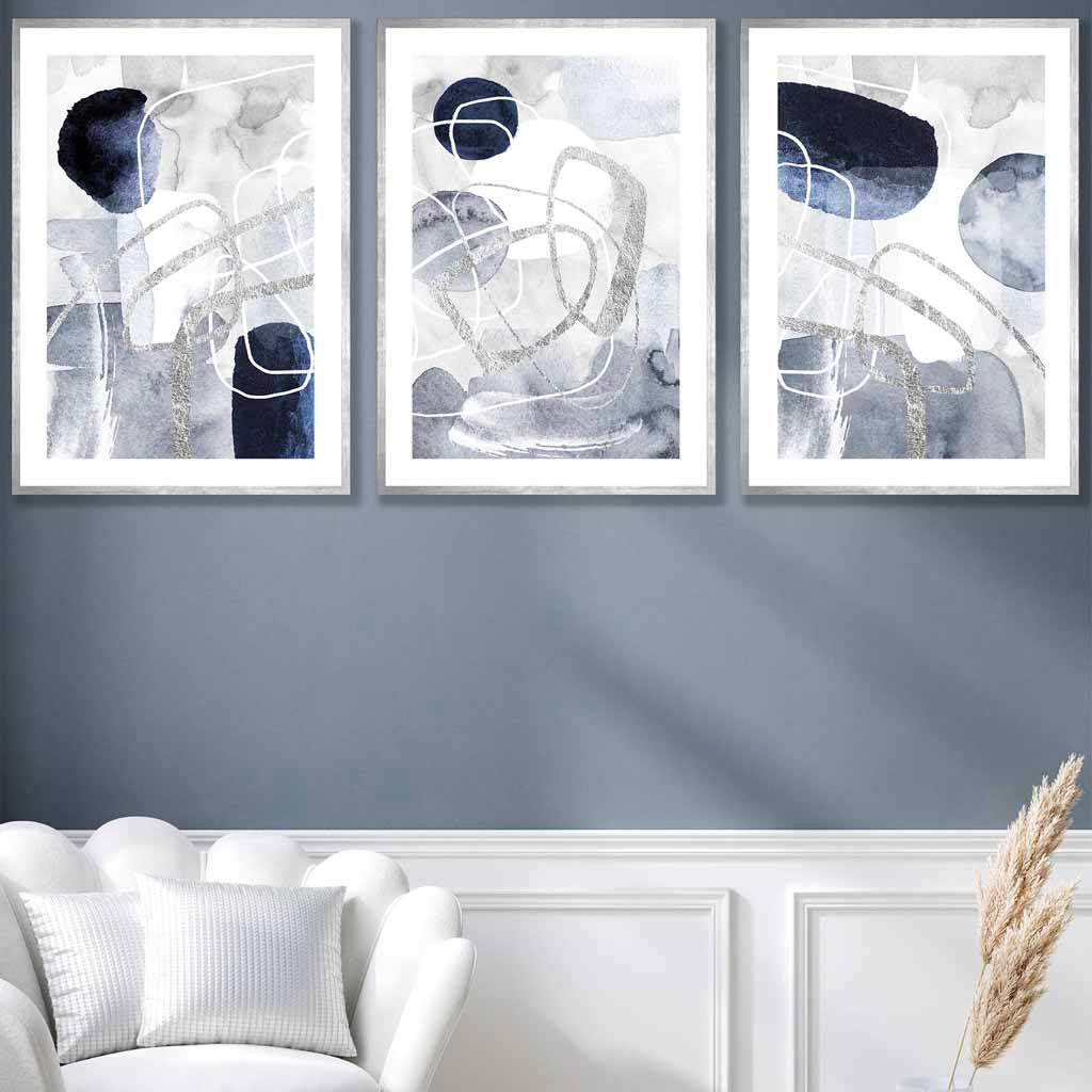 Abstract blue and silver shapes set of 3 wall art prints | Bowlift