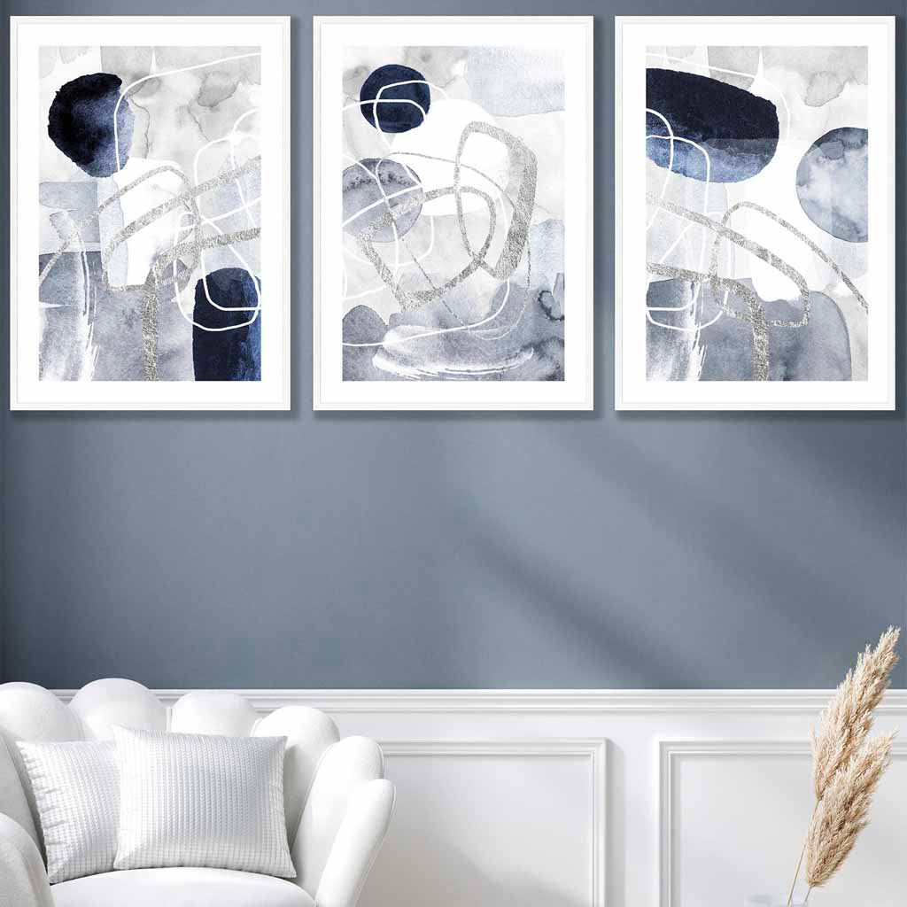 Abstract blue and silver shapes set of 3 wall art prints | Bowlift