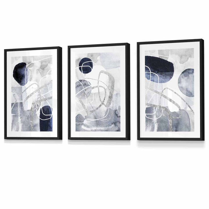 Abstract blue and silver shapes set of 3 framed art prints | Bowlift