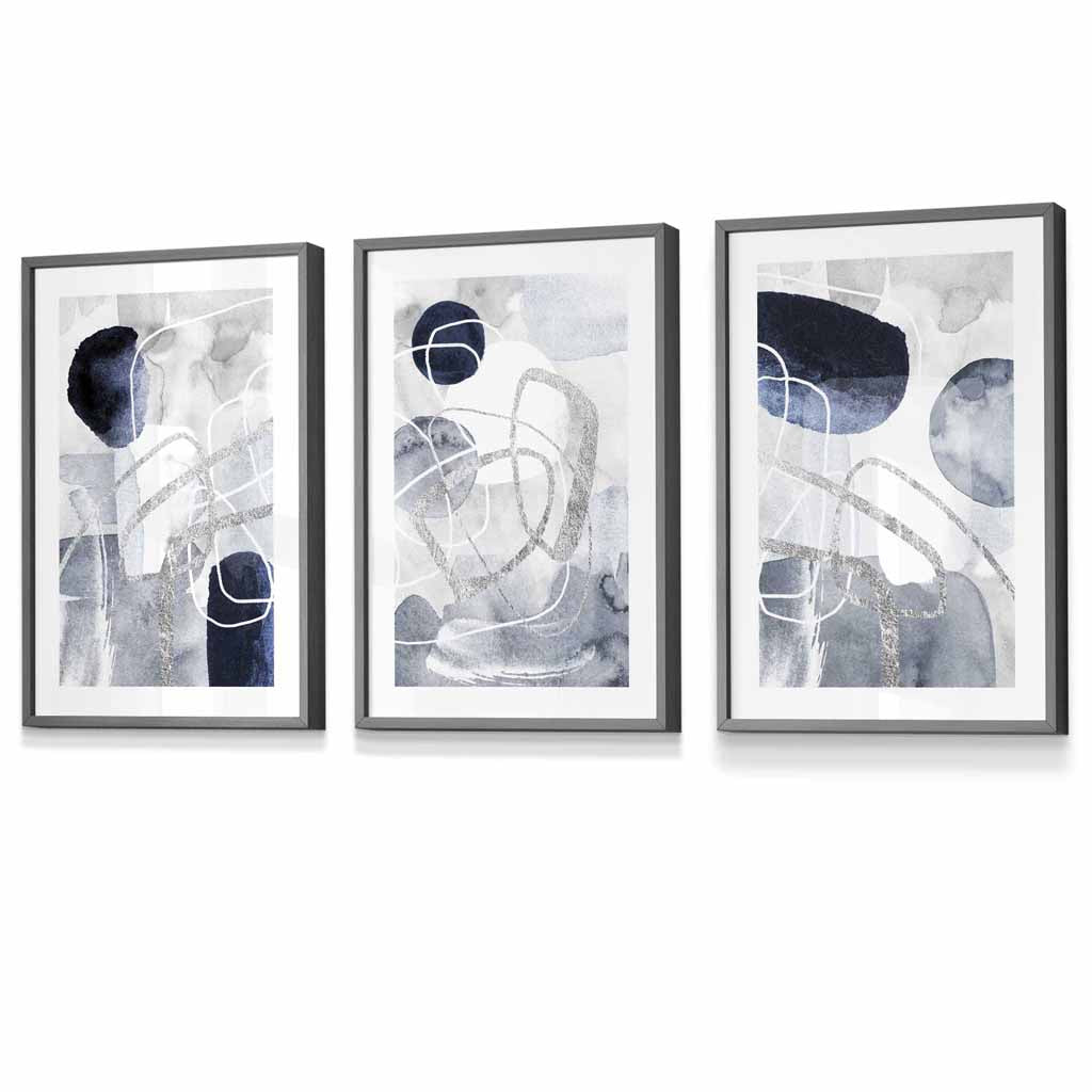 Abstract blue and silver shapes set of 3 wall art prints | Bowlift