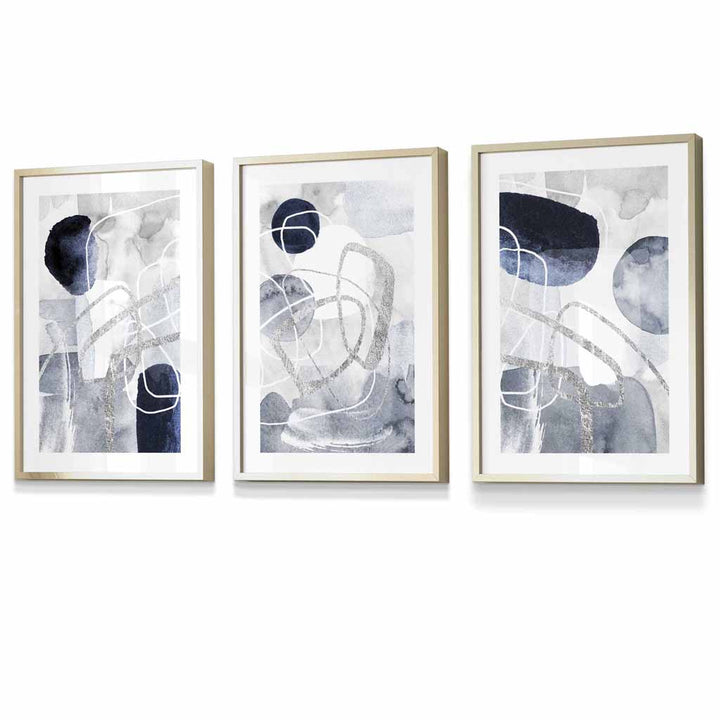 Abstract blue and silver shapes set of 3 framed art prints | Bowlift