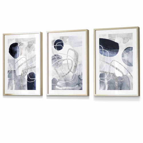 Abstract blue and silver shapes set of 3 framed art prints | Bowlift