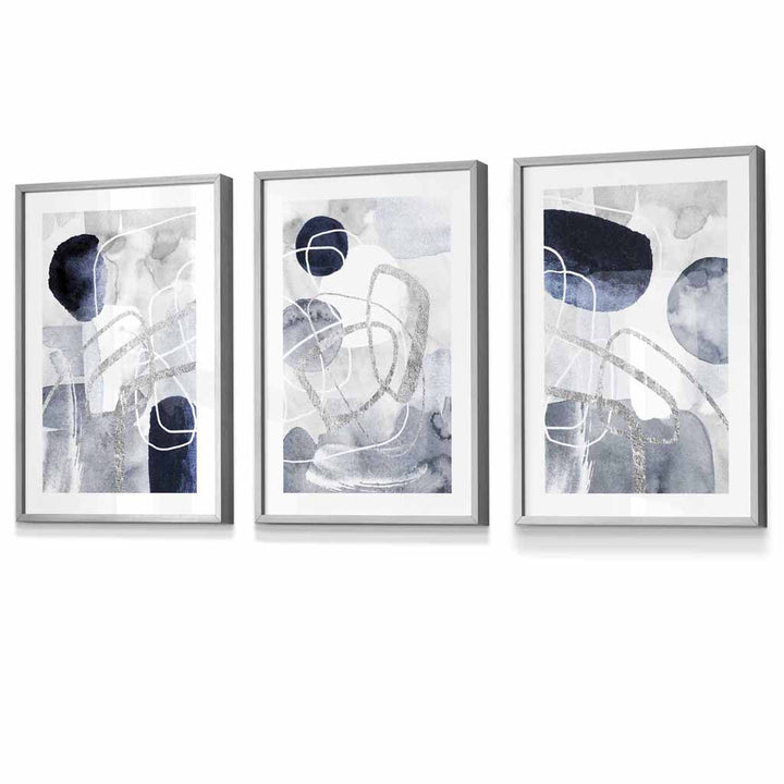 Abstract blue and silver shapes set of 3 wall art prints | Bowlift