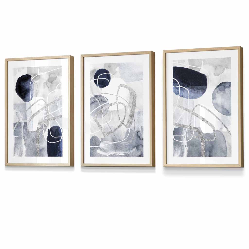 Abstract blue and silver shapes set of 3 wall art prints | Bowlift