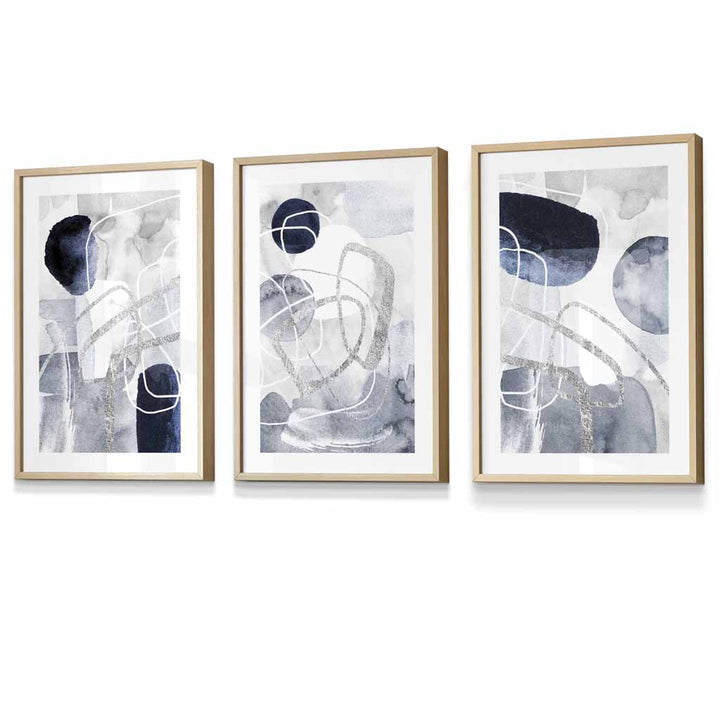 Abstract blue and silver shapes set of 3 wall art prints | Bowlift