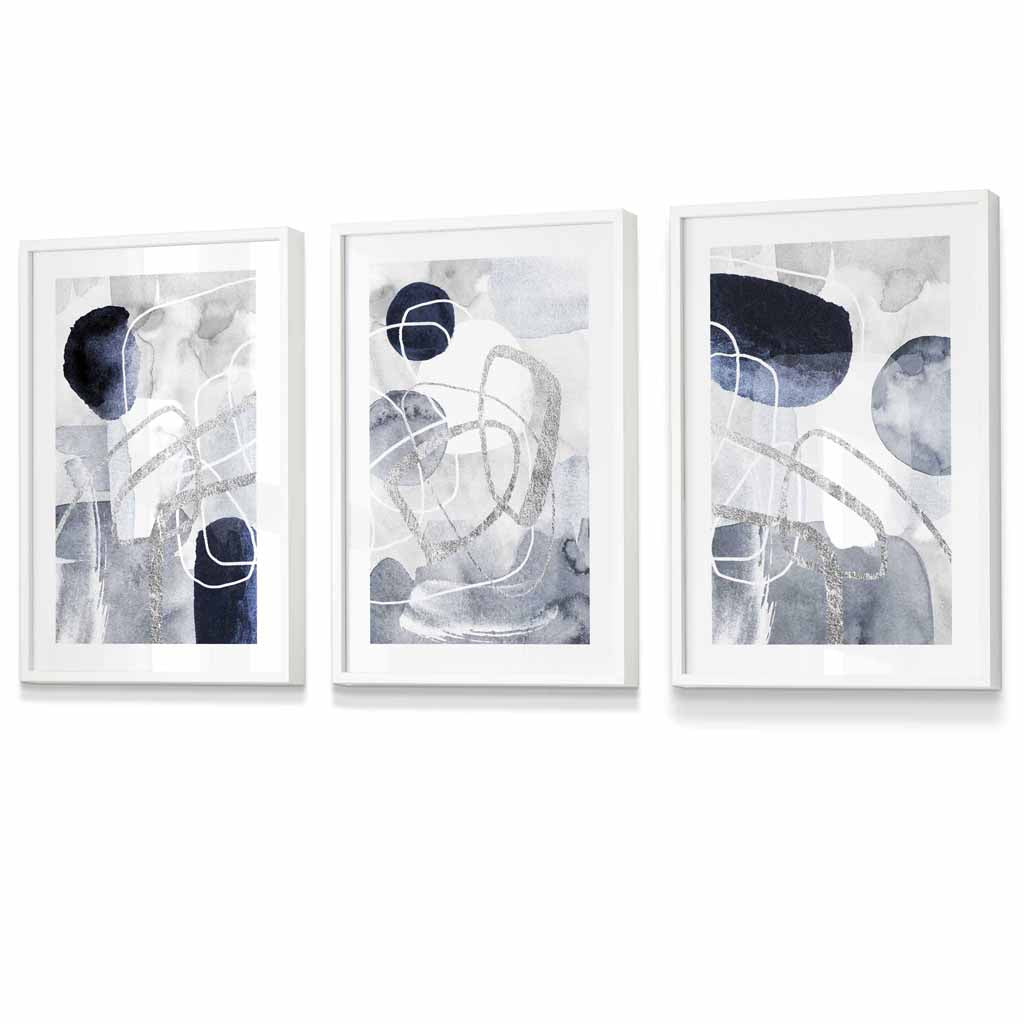 Abstract blue and silver shapes set of 3 framed art prints | Bowlift