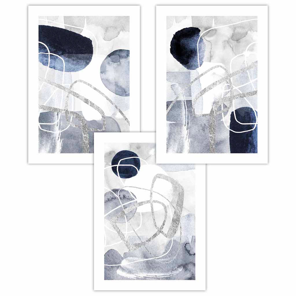 Abstract blue and silver shapes set of 3 wall art prints | Bowlift