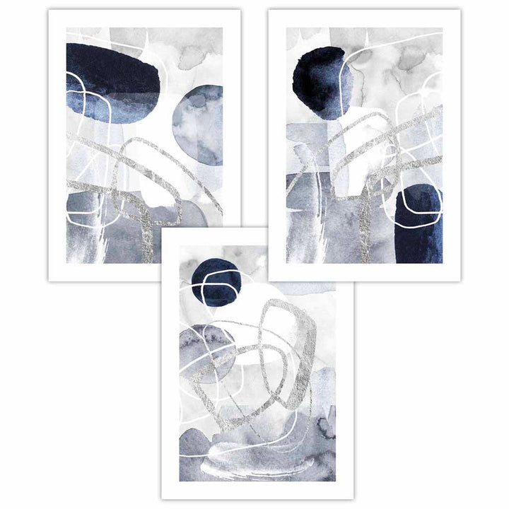 Abstract blue and silver shapes set of 3 wall art prints | Bowlift