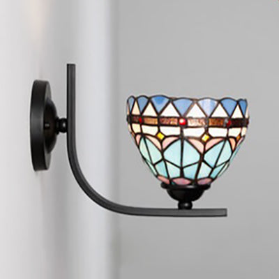 BowLift | Arc/curved arm wall lamp with cut glass shade 1 light Tiffany wall-mounted lamp in white/blue/clear for bedroom