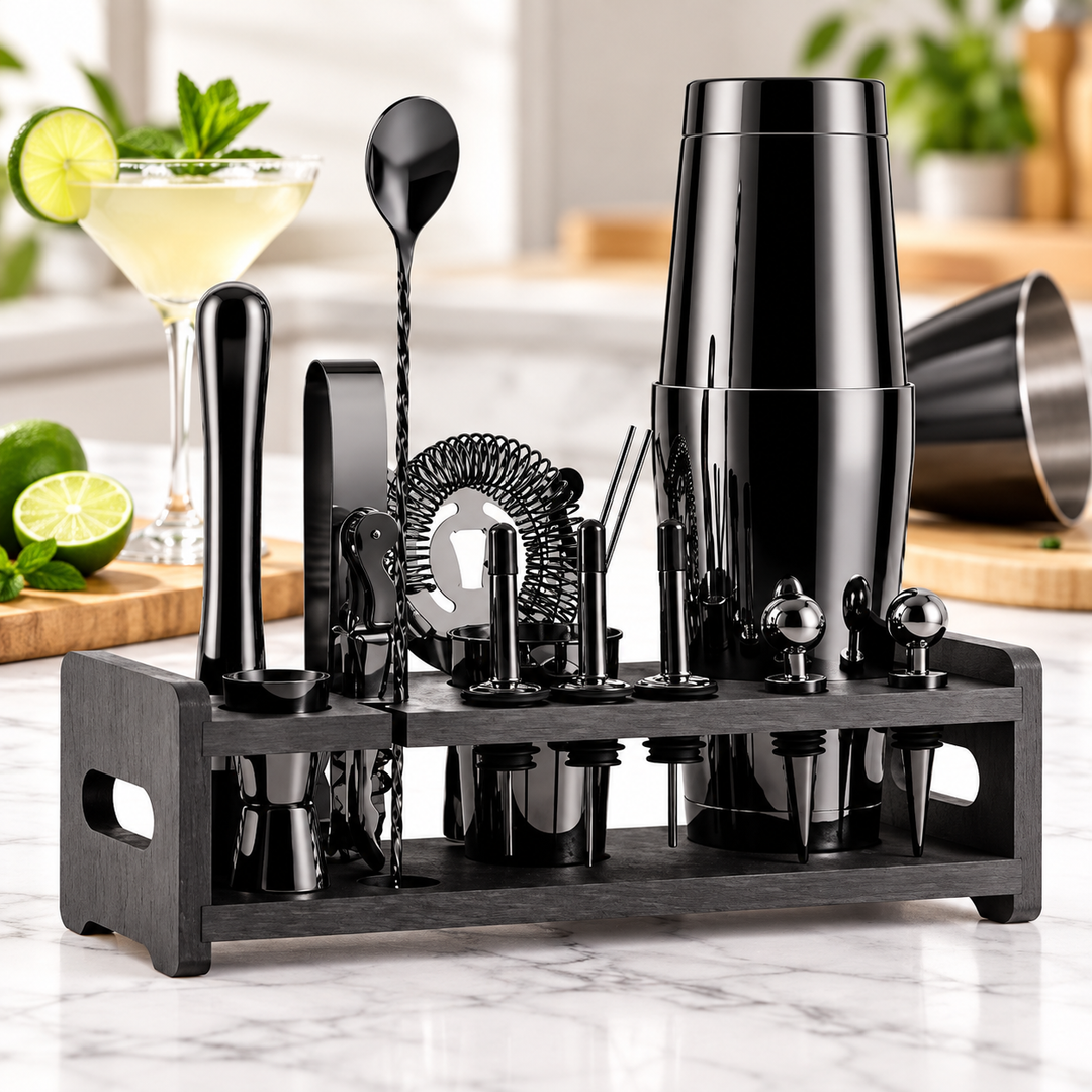 Professional Bartender Cocktail Bar Tool Set with Wooden Organizer Bowlift