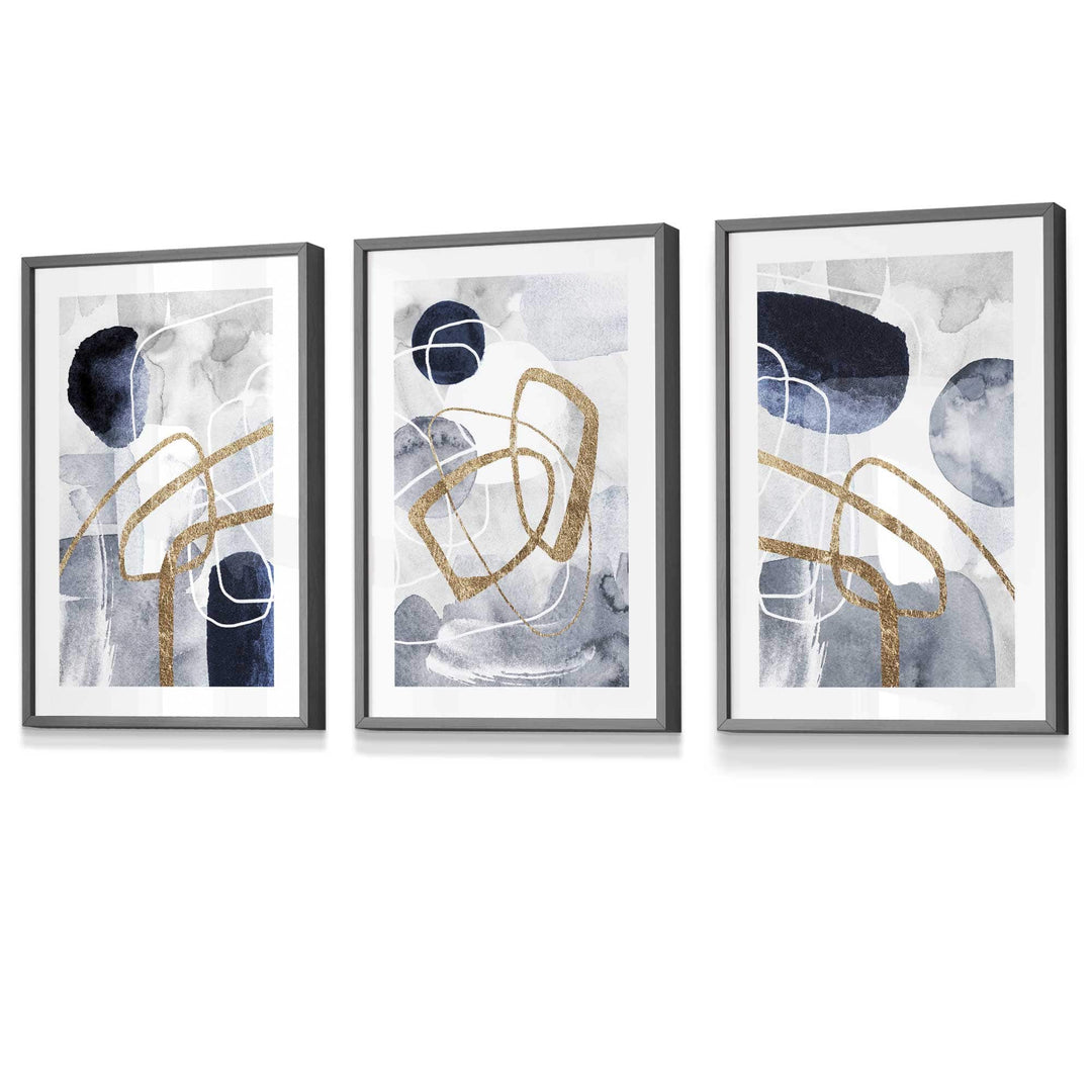 Abstract Navy Blue and Gold Shapes Set of 3 Framed Wall Art Prints | Bowlift