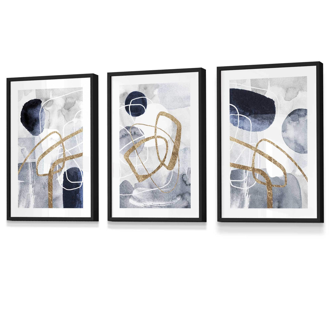 Abstract Navy Blue and Gold Shapes Set of 3 Framed Wall Art Prints | Bowlift