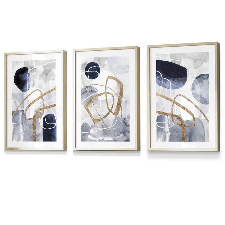 Abstract Navy Blue and Gold Shapes Set of 3 Framed Wall Art Prints | Bowlift