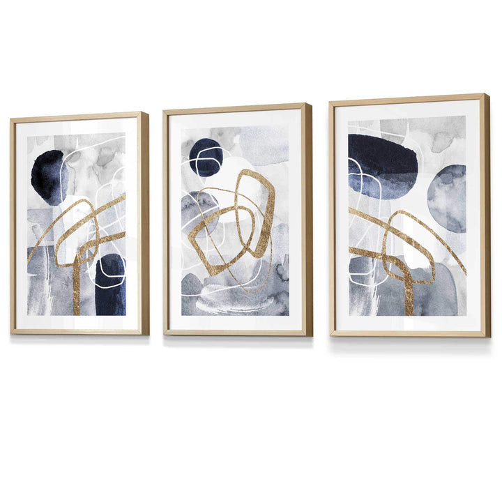 Abstract Navy Blue and Gold Shapes Set of 3 Framed Wall Art Prints | Bowlift