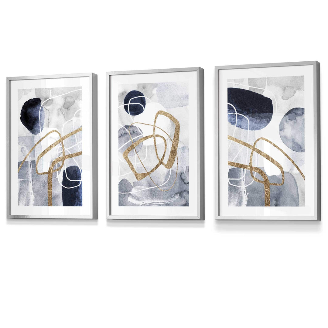 Abstract Navy Blue and Gold Shapes Set of 3 Framed Wall Art Prints | Bowlift