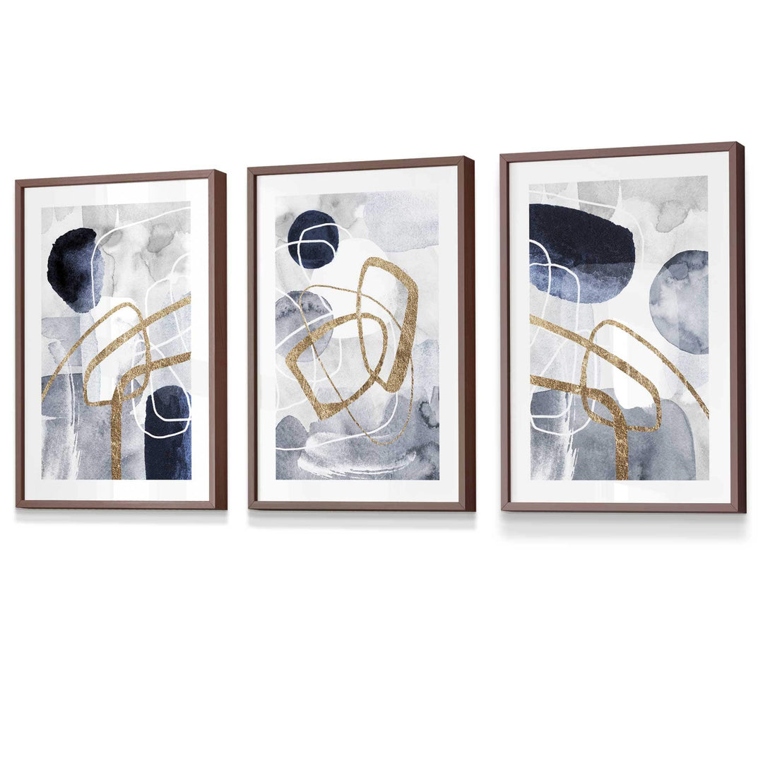 Abstract Navy Blue and Gold Shapes Set of 3 Framed Wall Art Prints | Bowlift