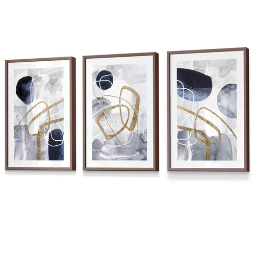 Abstract Navy Blue and Gold Shapes Set of 3 Framed Wall Art Prints | Bowlift