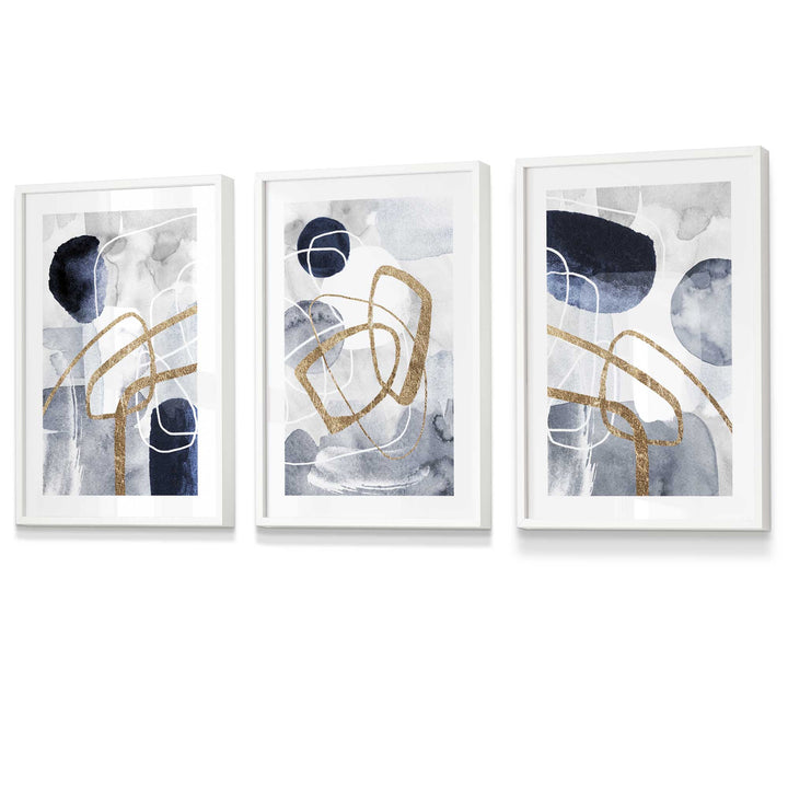 Abstract Navy Blue and Gold Shapes Set of 3 Framed Wall Art Prints | Bowlift
