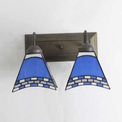 BowLift | Mediterranean Pyramid Wall Lamp 2 Heads Blue/Light Blue Glass Wall Lighting for Bedroom