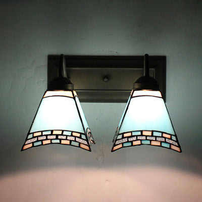 BowLift | Mediterranean Pyramid Wall Lamp 2 Heads Blue/Light Blue Glass Wall Lighting for Bedroom