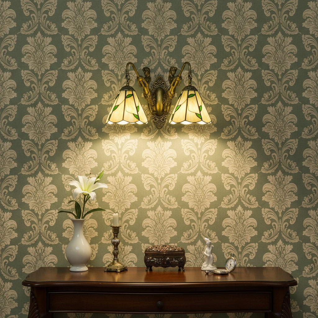 BowLift | Flared Wall Light 2 Heads White/Beige Glass Tiffany Wall Mount Lighting with Mermaid Backplate