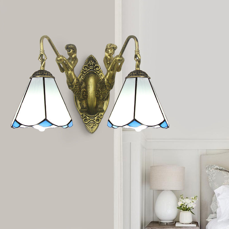 BowLift | Flared Wall Light 2 Heads White/Beige Glass Tiffany Wall Mount Lighting with Mermaid Backplate