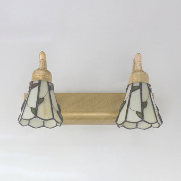 BowLift | Lodge Style Cone Wall Lamp with Leaf Design 2 Lights Filled Glass Wall Lamp in Bronze for Bathroom