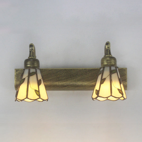 BowLift | Lodge Style Cone Wall Lamp with Leaf Design 2 Lights Filled Glass Wall Lamp in Bronze for Bathroom