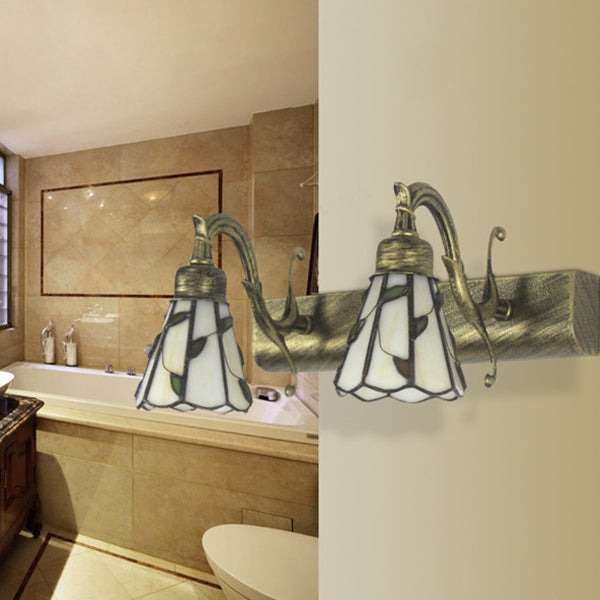 BowLift | Lodge Style Cone Wall Lamp with Leaf Design 2 Lights Filled Glass Wall Lamp in Bronze for Bathroom