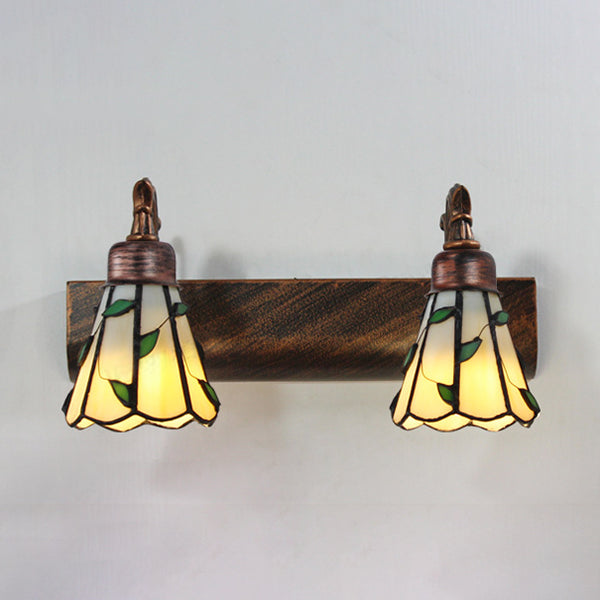 BowLift | Lodge Style Cone Wall Lamp with Leaf Design 2 Lights Filled Glass Wall Lamp in Bronze for Bathroom