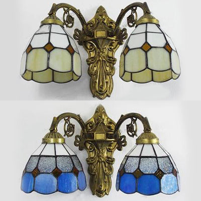BowLift | 2 Heads Beige/Blue Bowl Wall Light Vintage Retro Style Colored Glass Sconce Lamp in Aged Brass