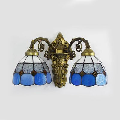 BowLift | 2 Heads Beige/Blue Bowl Wall Light Vintage Retro Style Colored Glass Sconce Lamp in Aged Brass