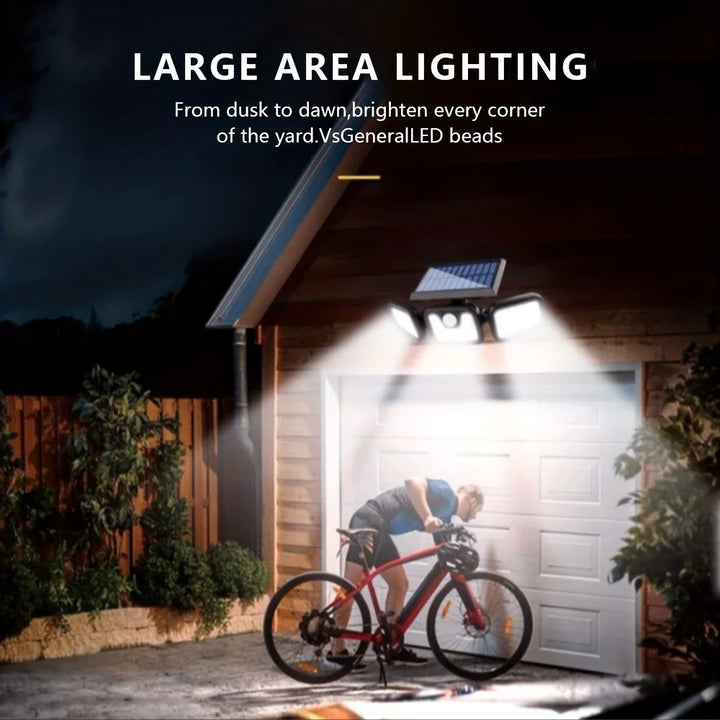 BowLift | Solar LED floodlight with motion sensor – 3-beam outdoor lighting for garden, yard, and garage