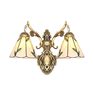 BowLift | Leaf Wall Lighting Vintage Traditional Stained Glass 2 Heads Wall Mount Light in White/Antique Brass for Bedroom