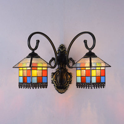 BowLift | Lodge Style House Wall Light Lamps Stained Glass 2 Heads Wall Light in White/Antique Bronze for Dining Room