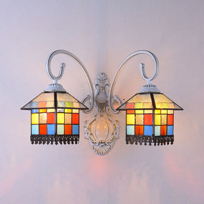 BowLift | Lodge Style House Wall Light Lamps Stained Glass 2 Heads Wall Light in White/Antique Bronze for Dining Room
