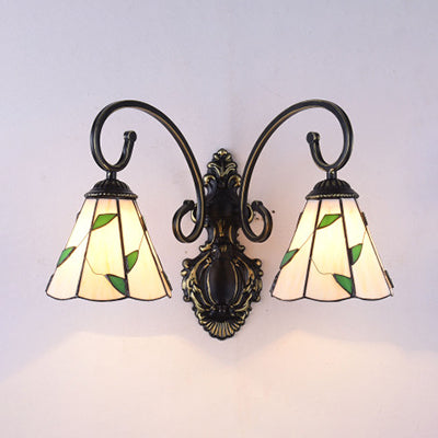 BowLift | Stained Glass Leaf Wall Lamp Rustic Style 2 Lights Wall Mount Lamp in Blue/Beige for Dining Room