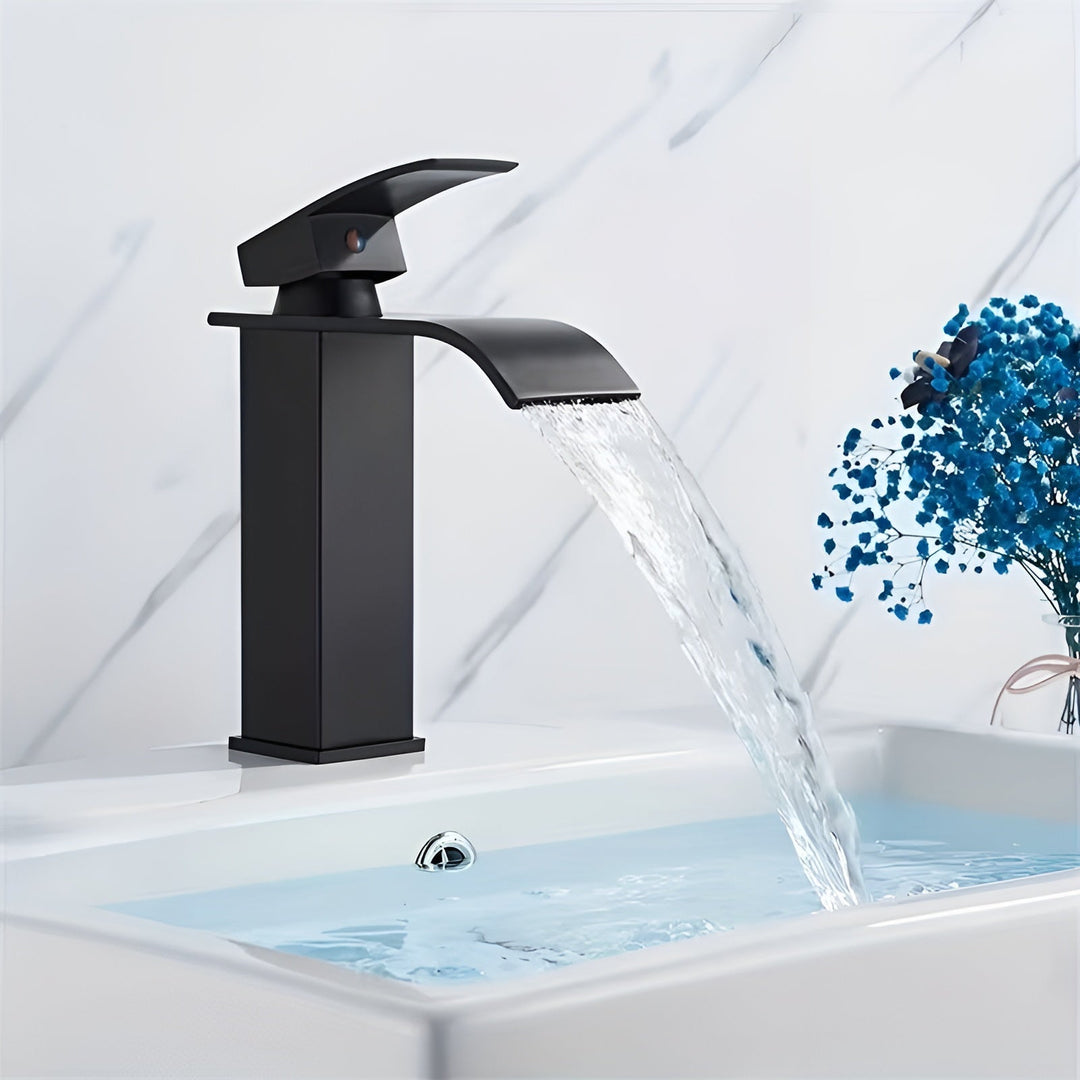 Sink faucet made of stainless steel – waterfall spout with hot and cold water | single hole mixer tap in Bowliftack for bathroom | Bowlift