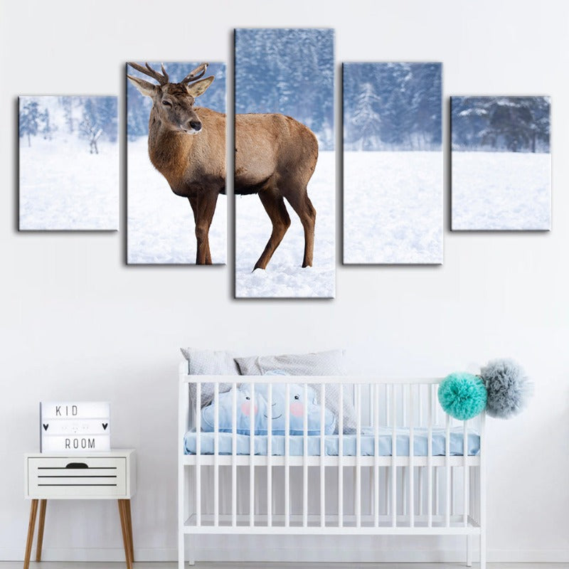 5 Piece Snowy Landscape Deer - Canvas Wall Art Painting | Bowlift