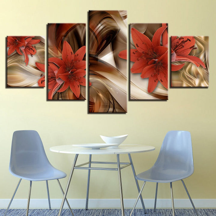 5 Piece Golden Background Red Flower - Canvas Wall Art Painting | Bowlift