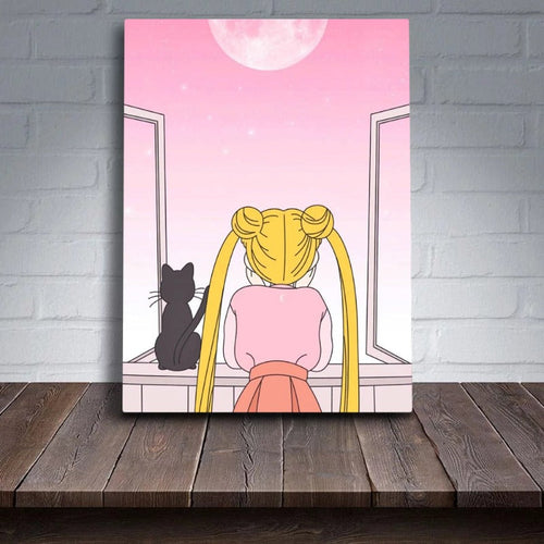 Girl And Her Moon Cat - Canvas Wall Art Painting | Bowlift