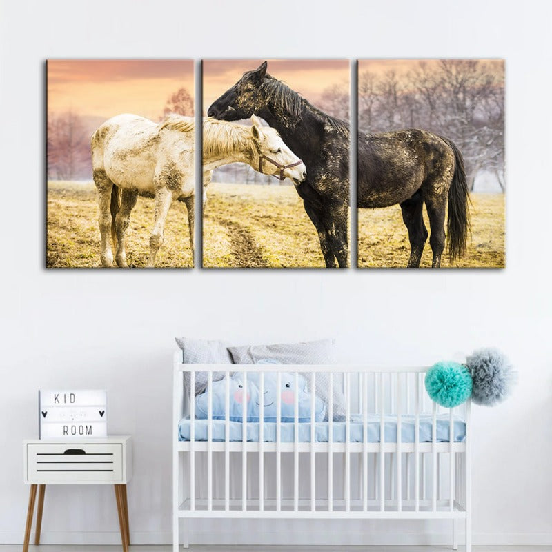 Black & White Horses-Canvas Wall Art Painting 3 Pieces | Bowlift