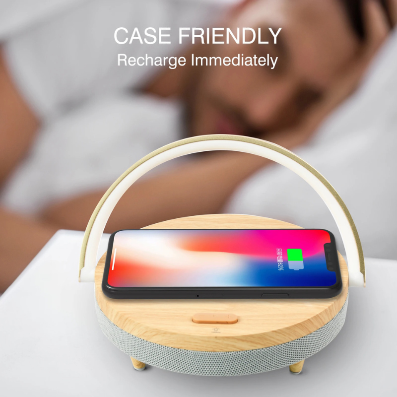 BowLift | Multifunctional Wooden Table Lamp with Bluetooth Speaker & Wireless Charger
