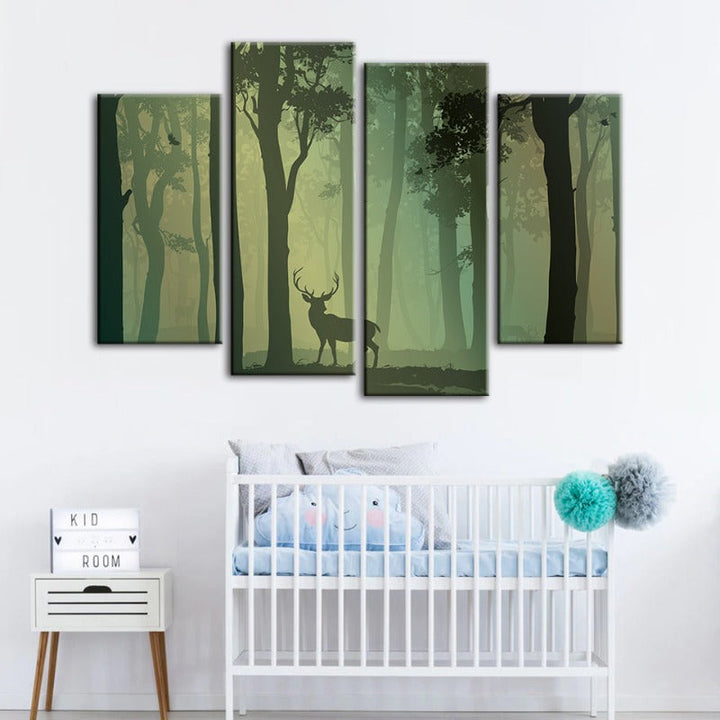 4 Piece Enchanted Green Toned Silhouetted Deer - Canvas Wall Art Painting | Bowlift