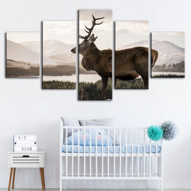 5 Piece Somber Winter Deer - Canvas Wall Art Painting | Bowlift