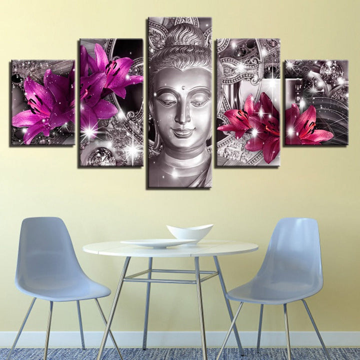 5 Piece Buddha With Purple & Pink Tulip Flower - Canvas Wall Art Painting | Bowlift