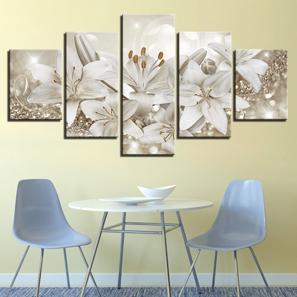 Glittering White Lilies 5 Piece - Canvas Wall Art Painting | Bowlift