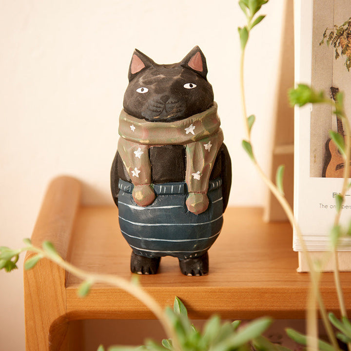 Handmade Cute Cat Wood Carving Ornaments | Bowlift